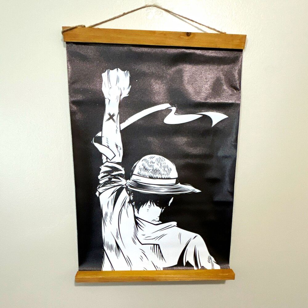 Black & White Anime Character Wall Scroll Banner with Wooden Hangers